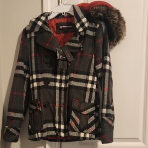 Urban Republic Black and Red Plaid Pea Coat NWT